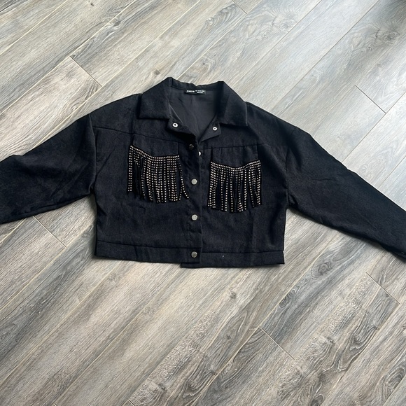 NWOT SHEIN Corduroy Black Studded Fringe Jacket - Picture 3 of 7